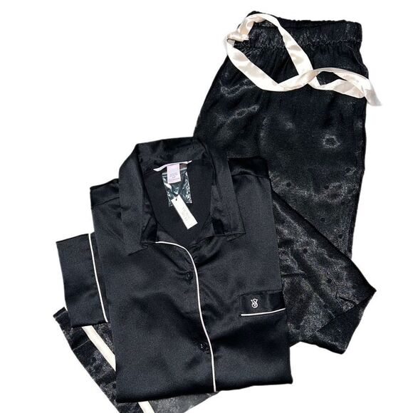 Victorias Secret Silky Satin thick pants & soft button down top pajama set black - Picture 9 of 10